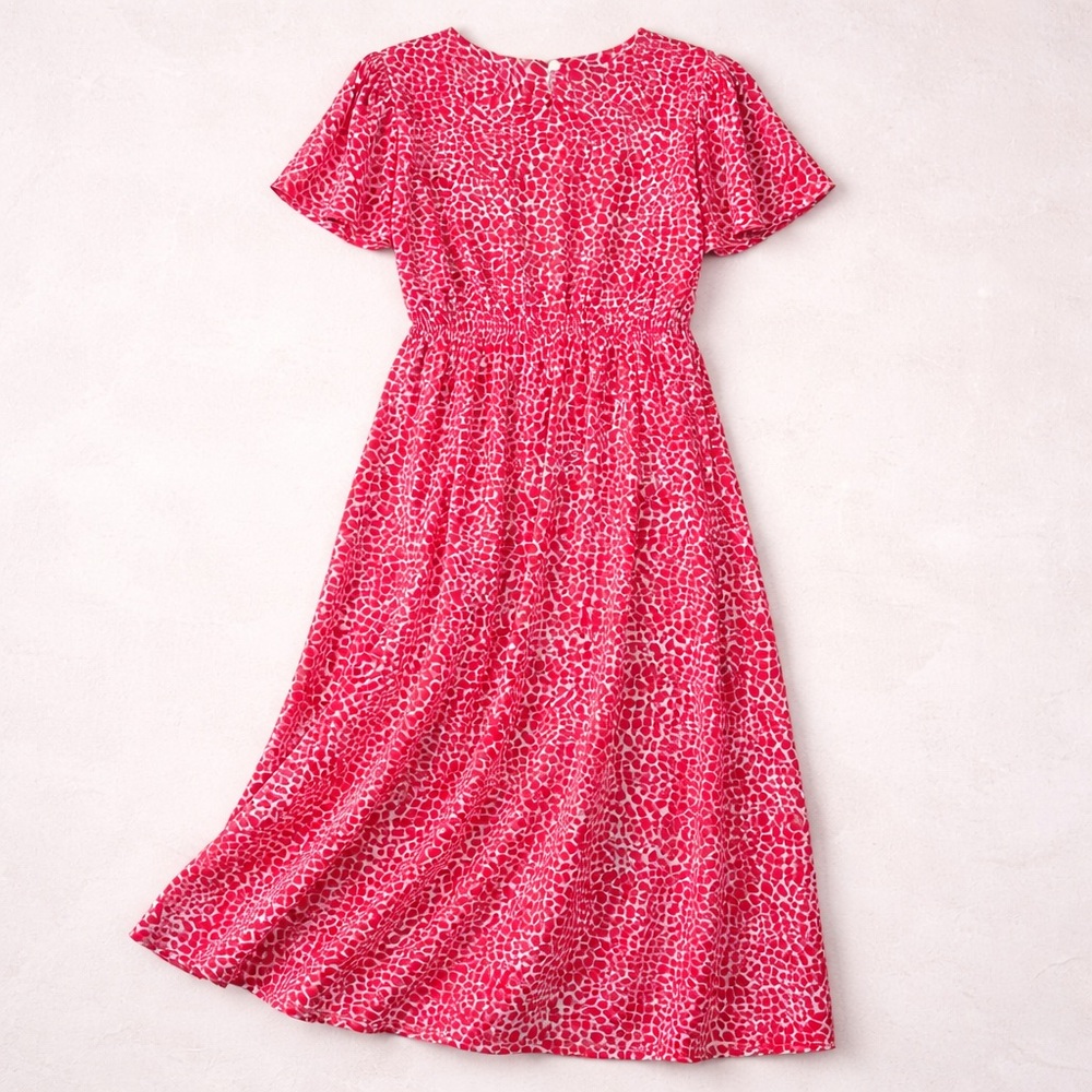 Joy Gordon Pink Red Abstract Spot Midi Dress Size 16 Flutter Sleeve